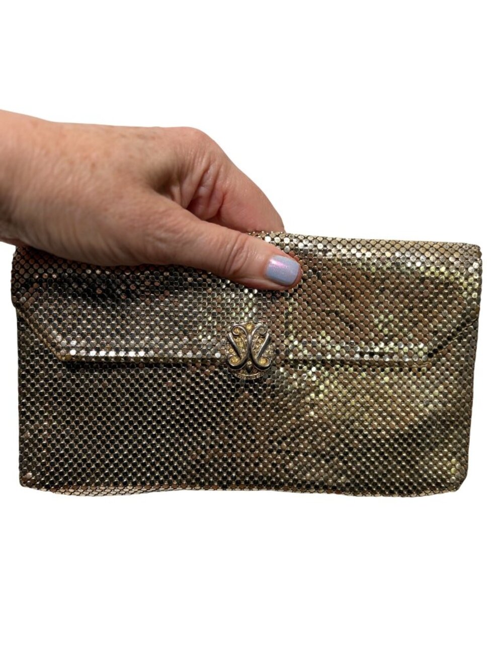 Vintage Whiting & Davis Gold Mesh Clutch Rhinestone Clasp Evening Made in USA